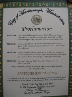 City of Marlborough 2011 Amateur Radio Week Proclamation