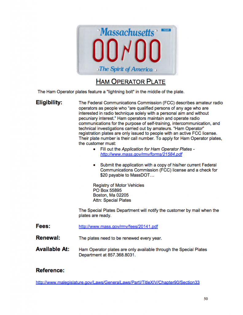 Massachusetts Ham Radio Special Series License Plate Information