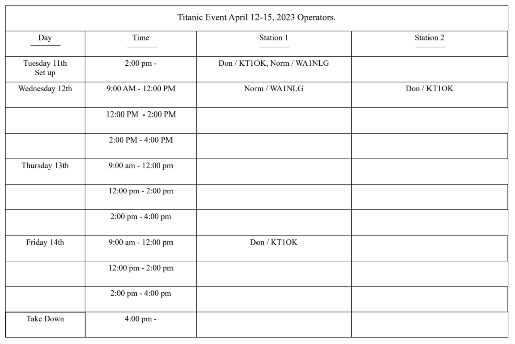 W1MGY 2023 Tentative Operating Schedule