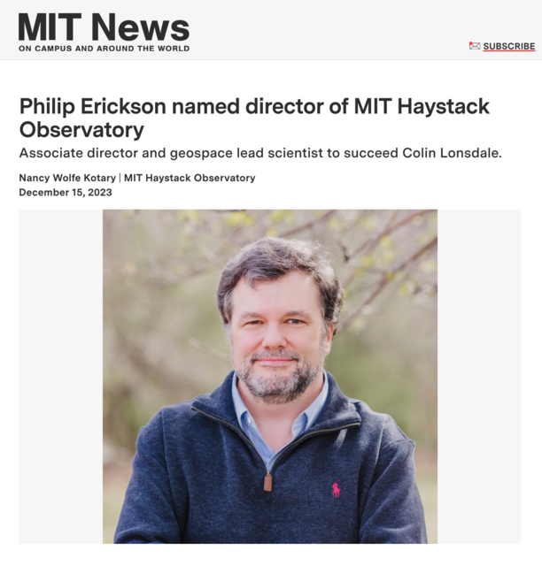 Dr. Phil Erickson, W1PJE, named Director of Haystack Observatory