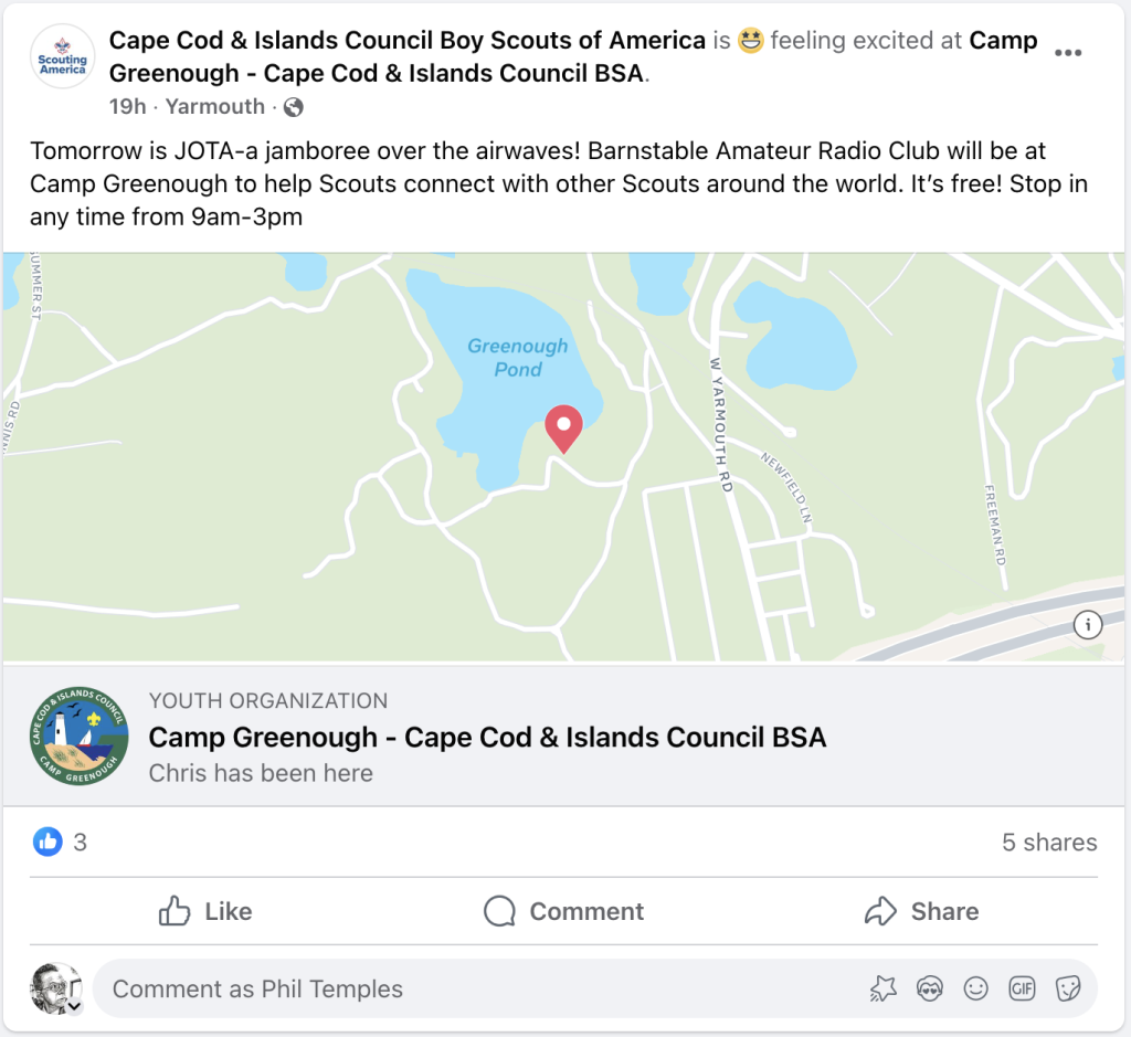 BSA Facebook post about JOTA in Barnstable